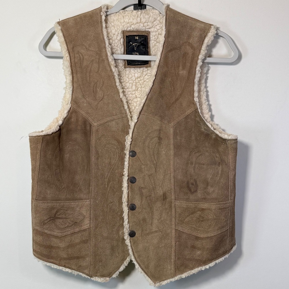 Vtg Unbranded Leather Western Vest Mens M Tan Good Embossed Cactus Horse Suede